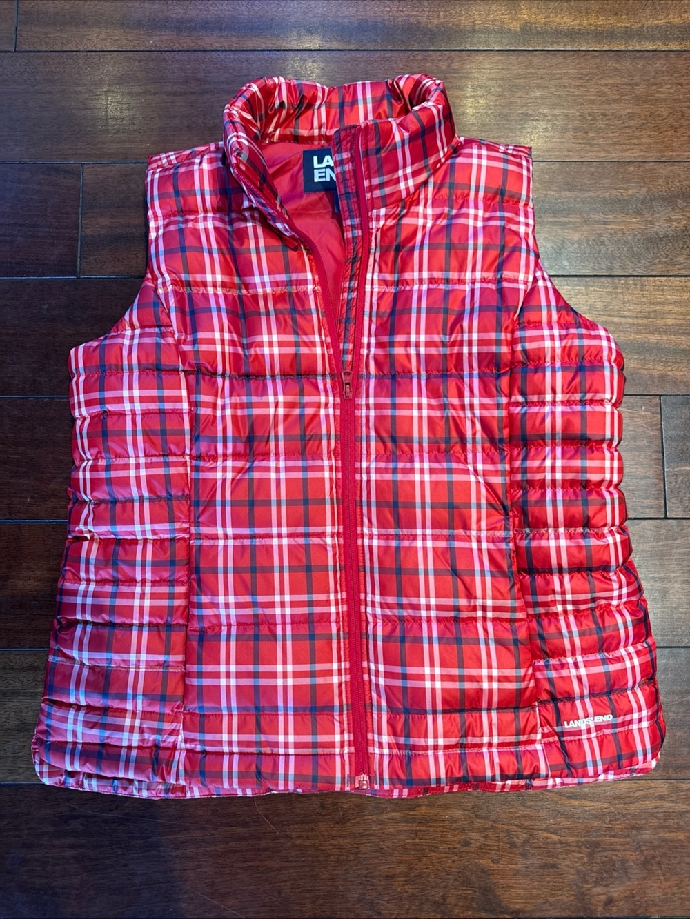 LANDS' END Women's L Down Puffer Vest Red Blue White Plaid Pockets